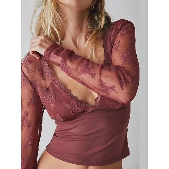 ✨Free People Intimately Long Sleeve Lace Sz Large Maroon Top✨ - Picture 3 of 9